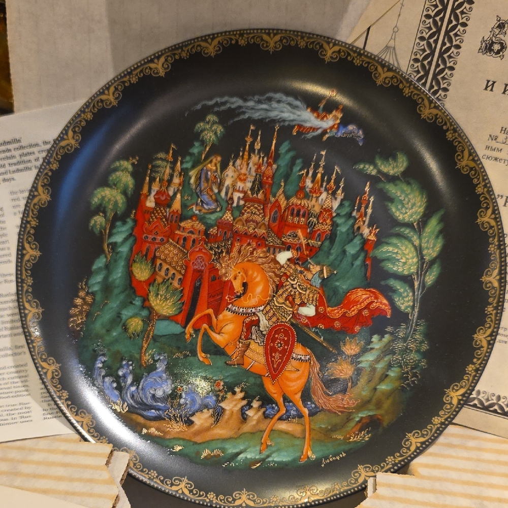 Hand-Painted Decorative Plate with Horse and Castle Scene